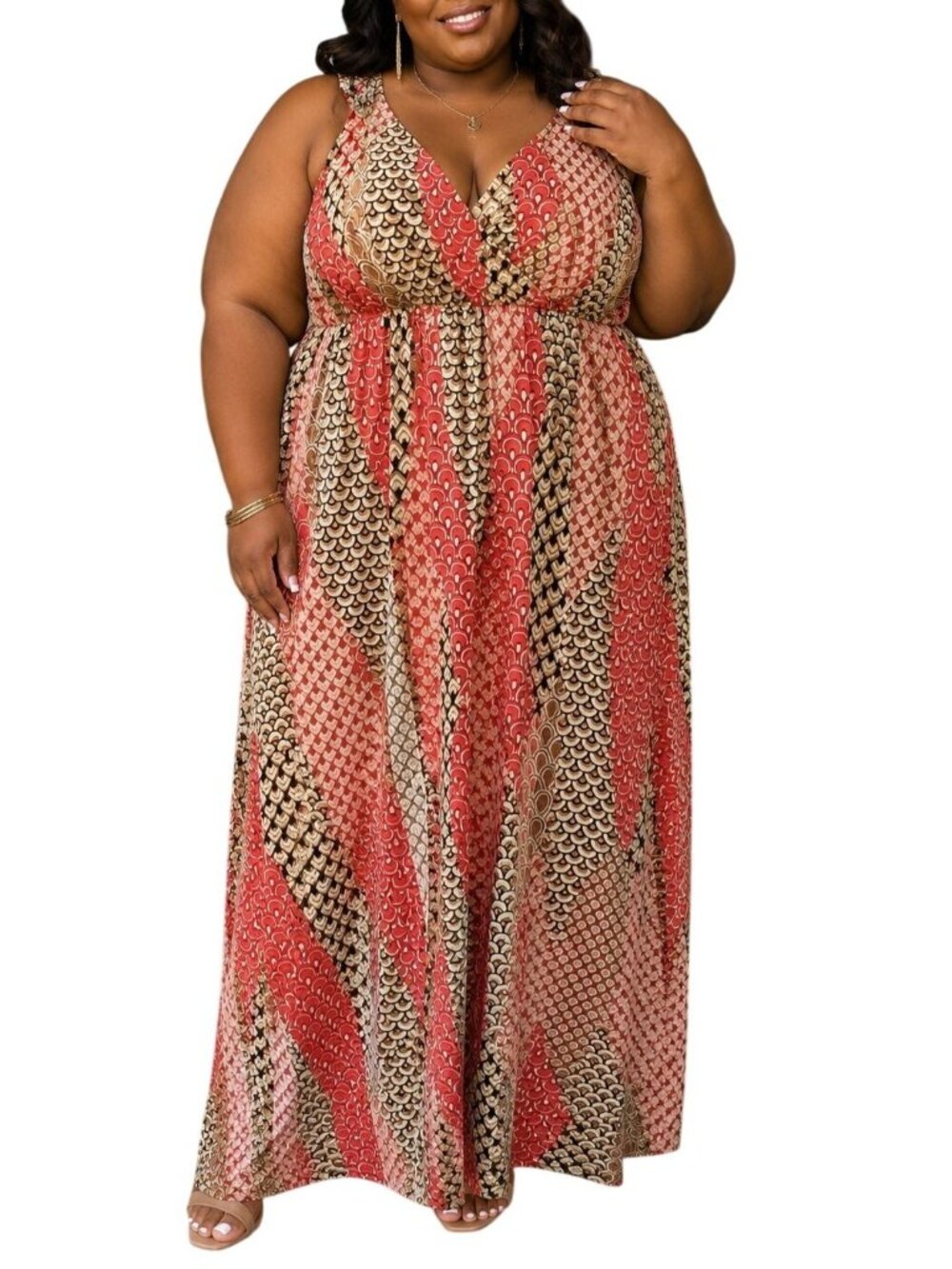 New Directions Size XL Dress Maxi Red & Tan Geometric Chic Sleeveless Look